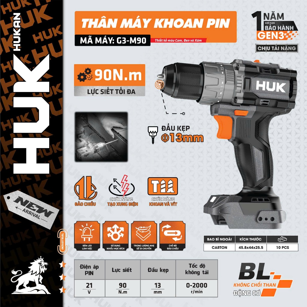 Thân Máy Khoan Pin 3 Chức Năng HUKAN G3-M90 | 13mm, Lực Siết 90N.m, Động Cơ Không Chổi Than, Tốc Độ 2000RPM