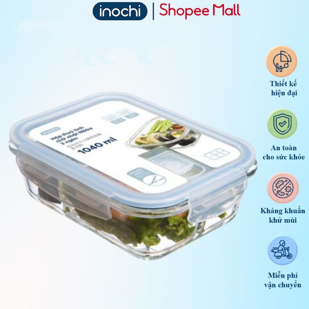 [ĐA KHO] Hộp thủy tinh chữ nhật Inochi sử dụng trong lò vi sóng, nắp đậy thông minh,hộp cơm
