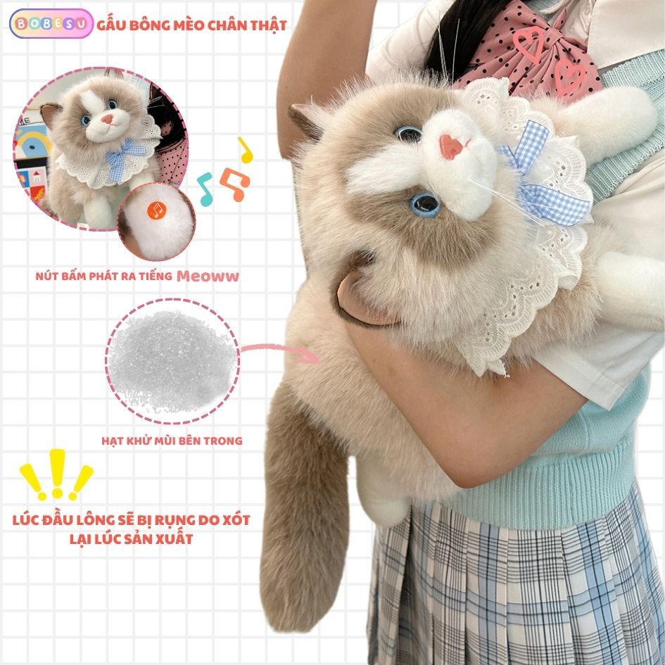 Gấu Bông Mèo Giống Thật Dễ Thương Có Phát Ra Tiếng Kêu Lông Dài Mềm Mại Làm Gấu Ôm, Ngủ, Quà Tặng Sinh Nhật Cho Bé Gái