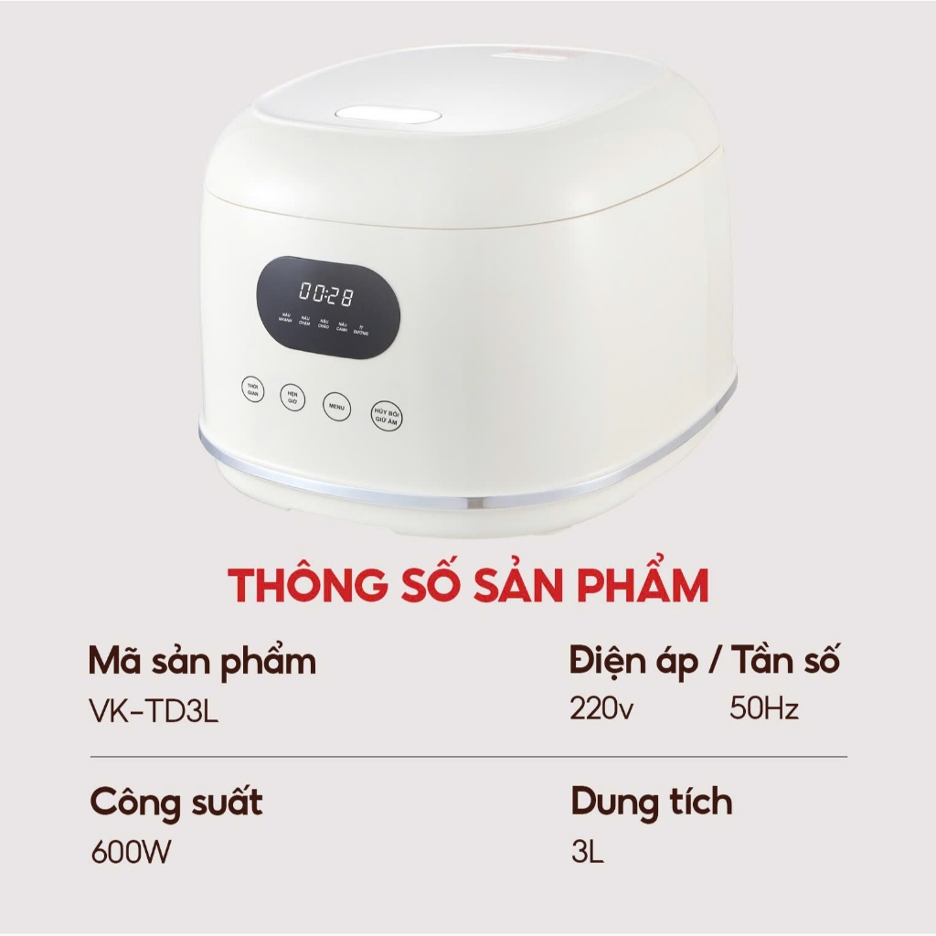 Nồi Cơm Đa Năng VK-TD3L Kèm Khay Hấp VENKO Dung Tích 3L, Chống Dính, Dễ Dàng Vệ Sinh