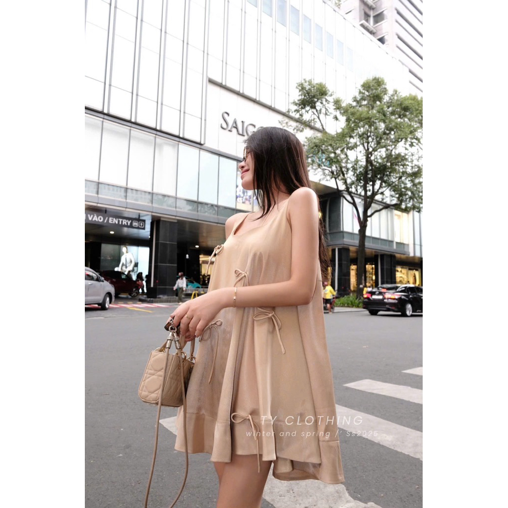 Đầm Tacta Đính Nơ Thắt - Hàng Thiết Kế - Màu Be - TY CLOTHING