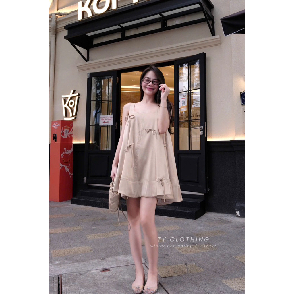 Đầm Tacta Đính Nơ Thắt - Hàng Thiết Kế - Màu Be - TY CLOTHING