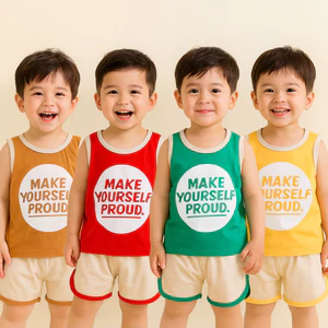 Đồ bộ bé trai và đồ bộ bé gái QATE554 - Bộ quần áo em bé ba lỗ vải cotton đũi TB231