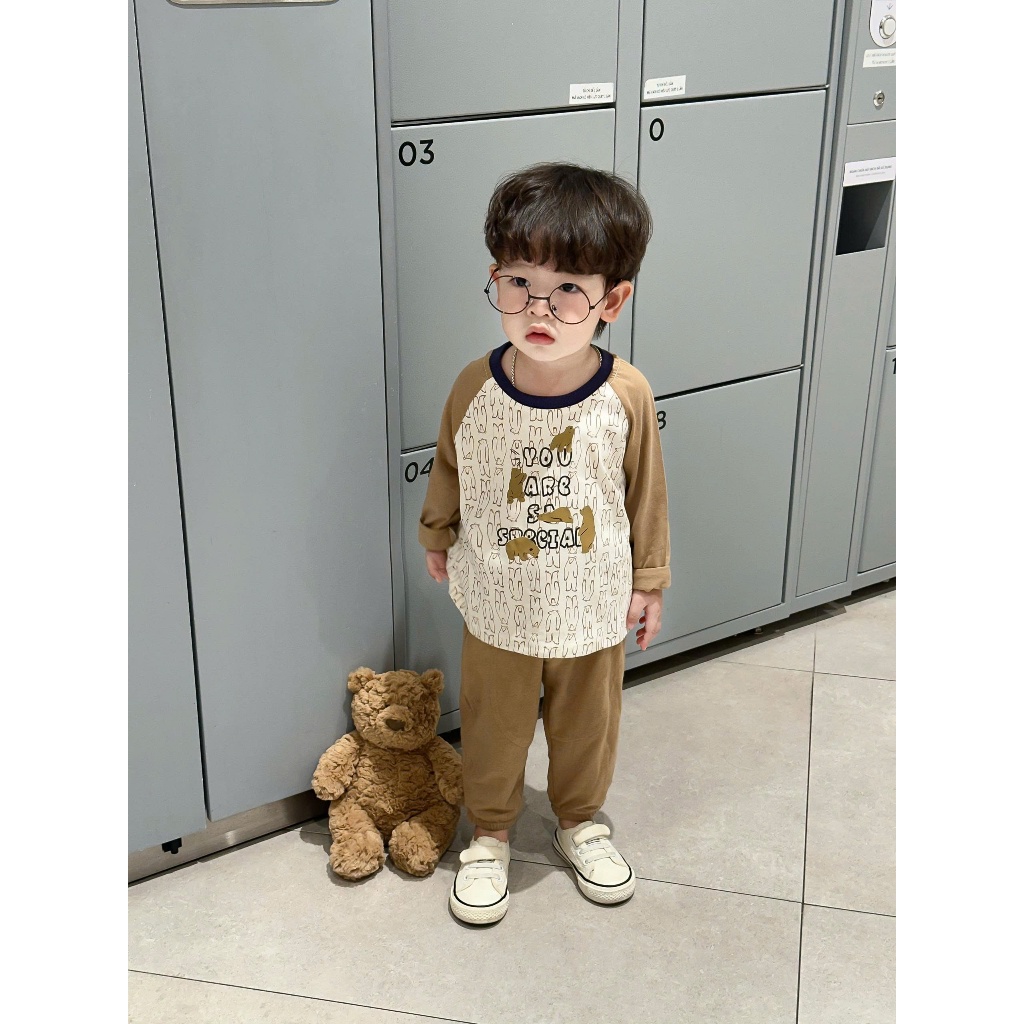Set bộ dài tay bé trai Miniumbaby hình mặt thú dễ thương mặc thu đông chất áo cotton mềm mại SB2473
