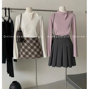 TRIANGLE - Dream long-sleeved shirt (Giá thanh lý, không hoàn hàng) Form 48kg trở lên- Áo thun kiểu Hàn Quốc nhấn nơ cổ