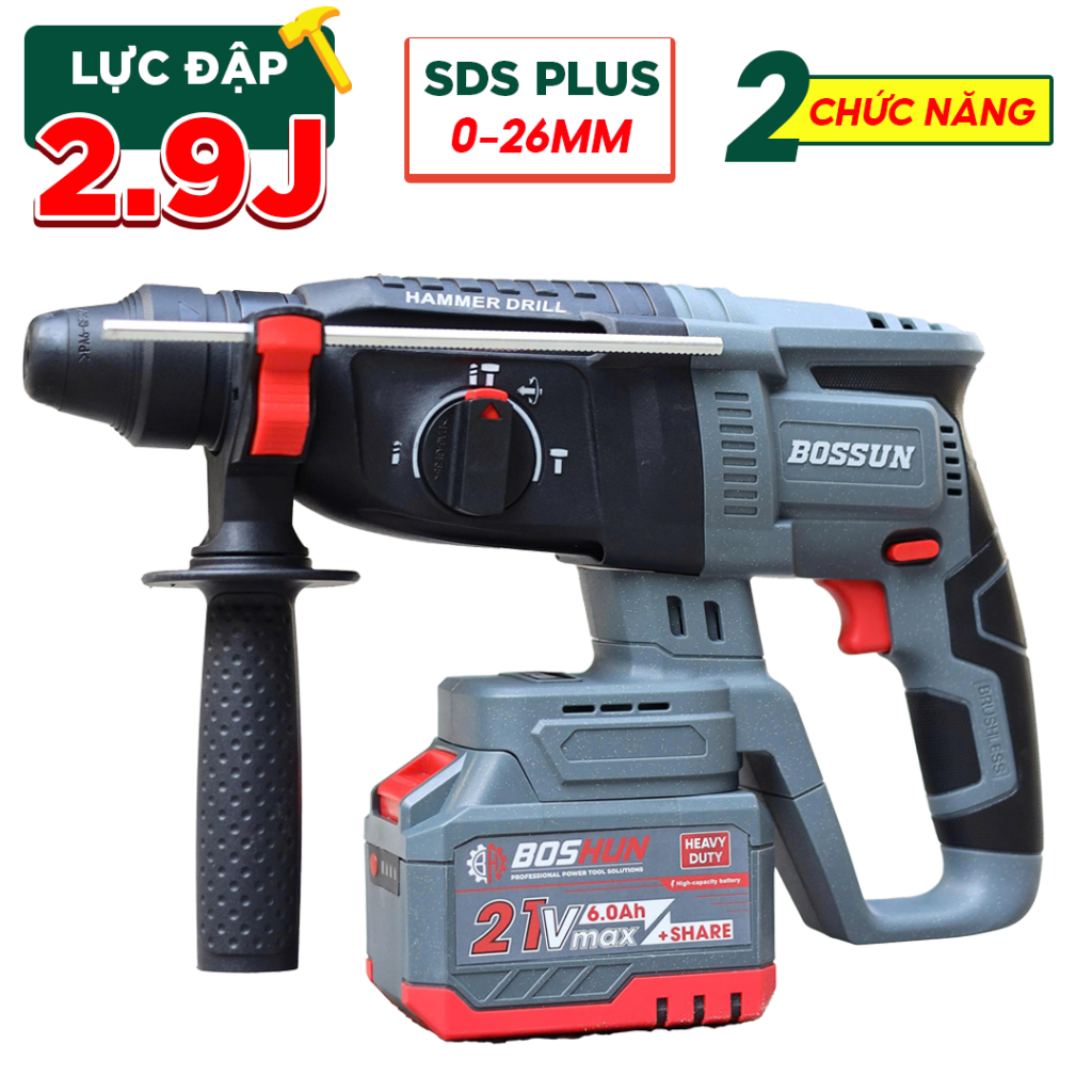 MÁY KHOAN BÊ TÔNG BOSSUN M21B-RH2603BL SDS PLUS – LỰC ĐẬP 2.6J – ĐỘNG CƠ KHÔNG CHỔI THAN