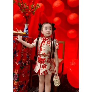 Set Bé Gái Áo Váy Hoa Đỏ Thiết Kế Cách Điệu Dễ Thương, Set bộ mẹ và bé gái áo cổ tàu, chân váy ngắn phù hợp diện TếtNoel