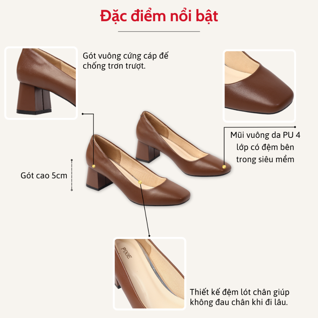 Giày Cao Gót Nữ 5cm Mũi Vuông Pixie X558