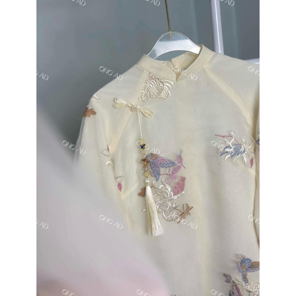 Áo Dài BẠCH ĐIỆP dáng suông cổ truyền thống, tay lửng dài gần cổ tay(XS-8XL)