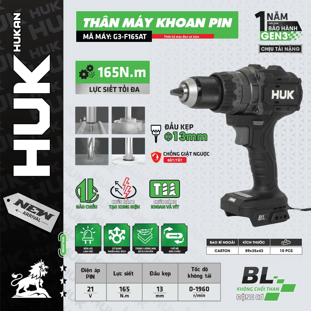 Thân Máy Khoan 13mm HUKAN GEN3 G3-F165AT | 2 Chức Năng Khoan,Vít | Lực Siết 165N.m | Anti Kickback | Tạo Xung | 2 Tốc Độ