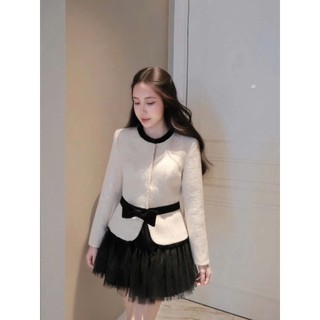 MIMI CLOTHING - Set áo khoác tweed trắng đính ánh kim sang trọng eo thắt nơ phối váy đen xoè