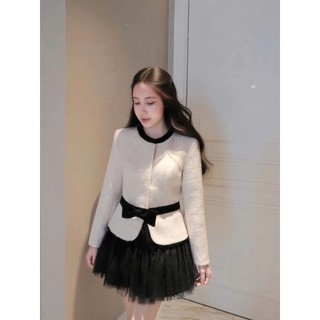 MIMI CLOTHING - Set áo khoác tweed trắng đính ánh kim sang trọng eo thắt nơ phối váy đen xoè