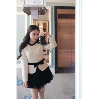 MIMI CLOTHING - Set áo khoác tweed trắng đính ánh kim sang trọng eo thắt nơ phối váy đen xoè