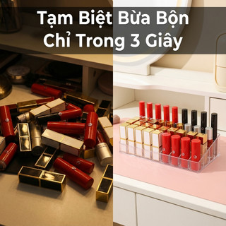 Khay đựng son 24 ô nhựa Mika trong suốt, Hộp đựng mỹ phẩm cọ trang điểm son môi để bàn