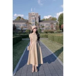 CÉLESTE - LIZZY DRESS Váy Tiểu Thư Dáng Dài Xoè Tay Ngắn Chất Kaki Hàn Thiết Kế Cổ Bẻ Phối Cúc Bọc Tôn Dáng — ảnh 2