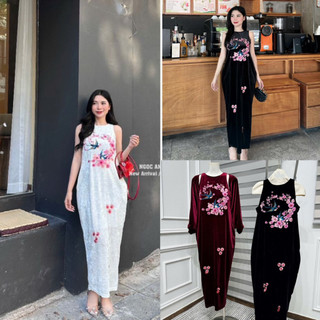 Váy nhung the sát nách dáng xuông thêu chim én và hoa đào