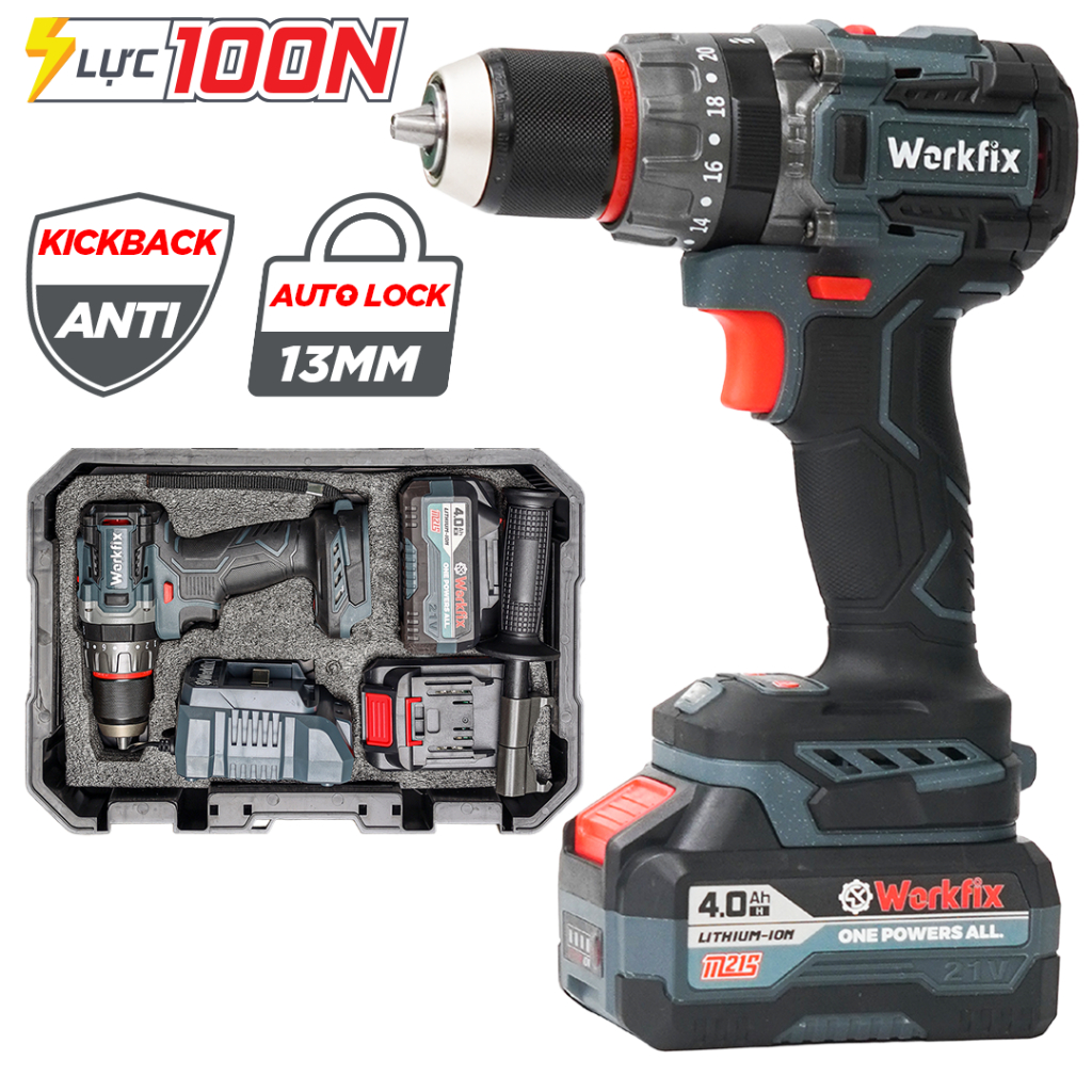 Máy Khoan Workfix WF-ID13100AK Anti KickBack 13mm Lực Siết 100Nm 3 Chức Năng Khoan Không Chổi Than