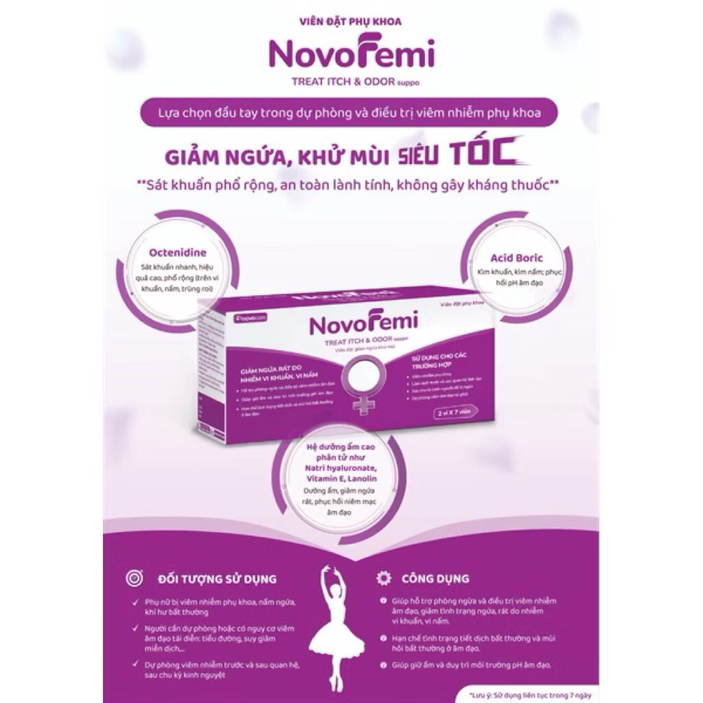 Viên Đặt PK NovoFemi màu Hồng, Tím giúp giảm ngứa - hộp 14 viên ...