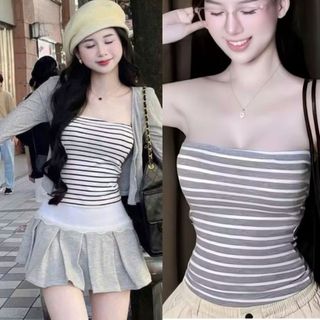 Áo ống sọc ngang thun co giãn dáng dài màu xám trắng đen đơn giản dễ phối đồ VANISA CT484