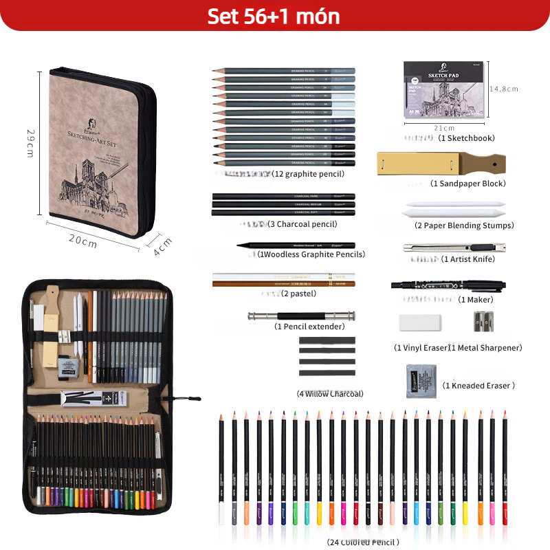 [Deli] Bộ Dụng Cụ Vẽ Sketch 27/33/57 Món – Đầy Đủ Bút Chì, Than, Tẩy, Bút Tán, Túi Cuộn Tiện Lợi