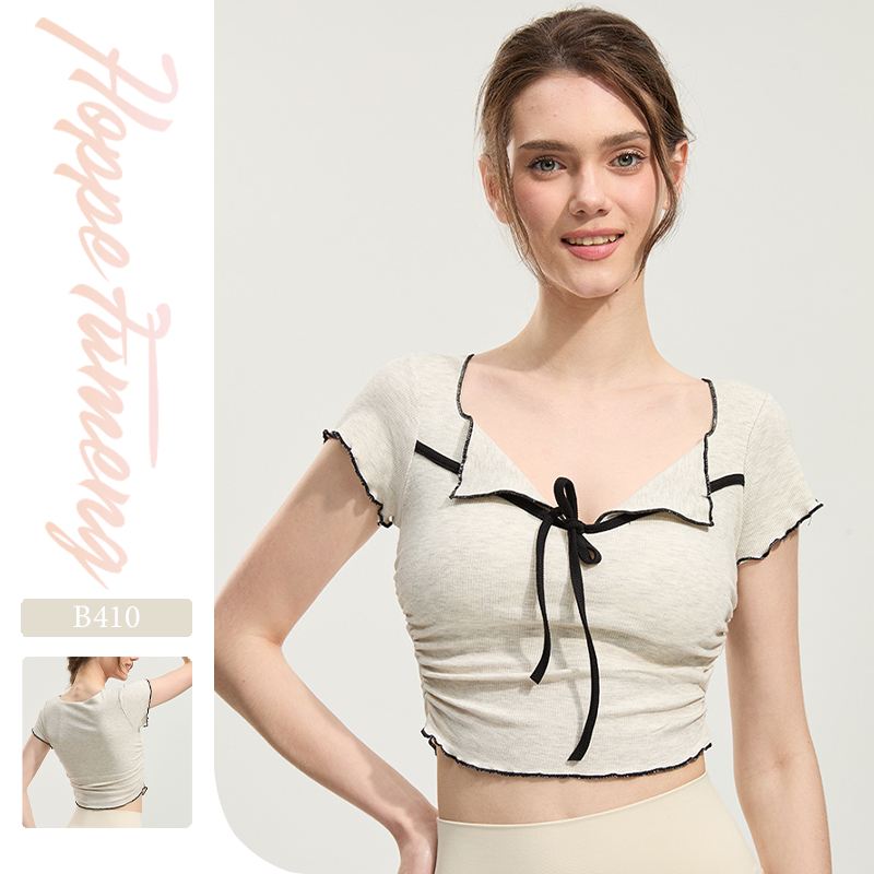 【Hoppe Fumeng】Áo thể dục nữ ngắn tay kiểu V, dây buộc, thu eo với đệm ngực: Phong cách Pháp viền gấu ngọt & cuốn