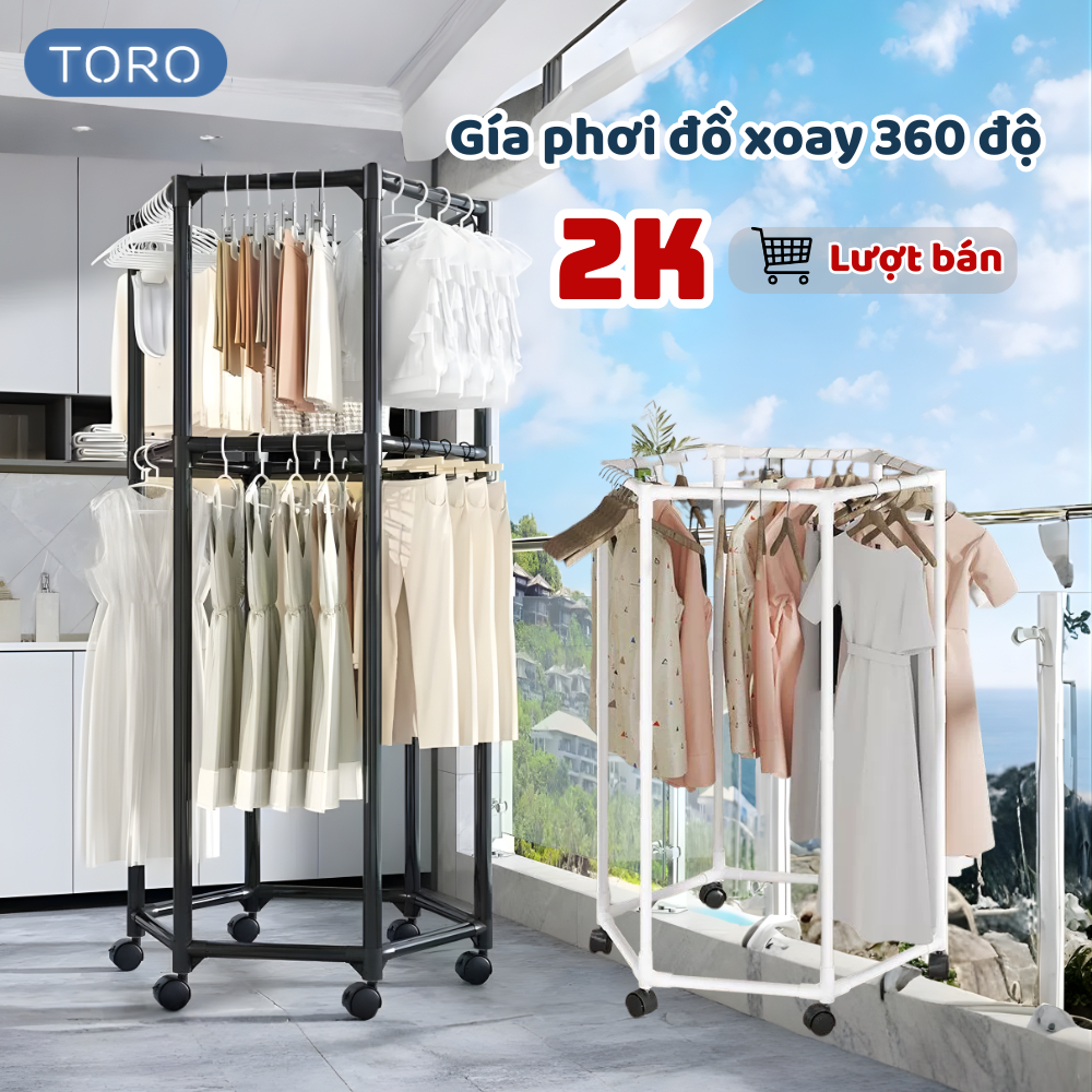 Giá Phơi Đồ Xoay 360 Độ TORO Bánh Xe Di Chuyển, Cây Treo Quần Áo, Ban Công Thép Cacbon Chịu Lực Tốt