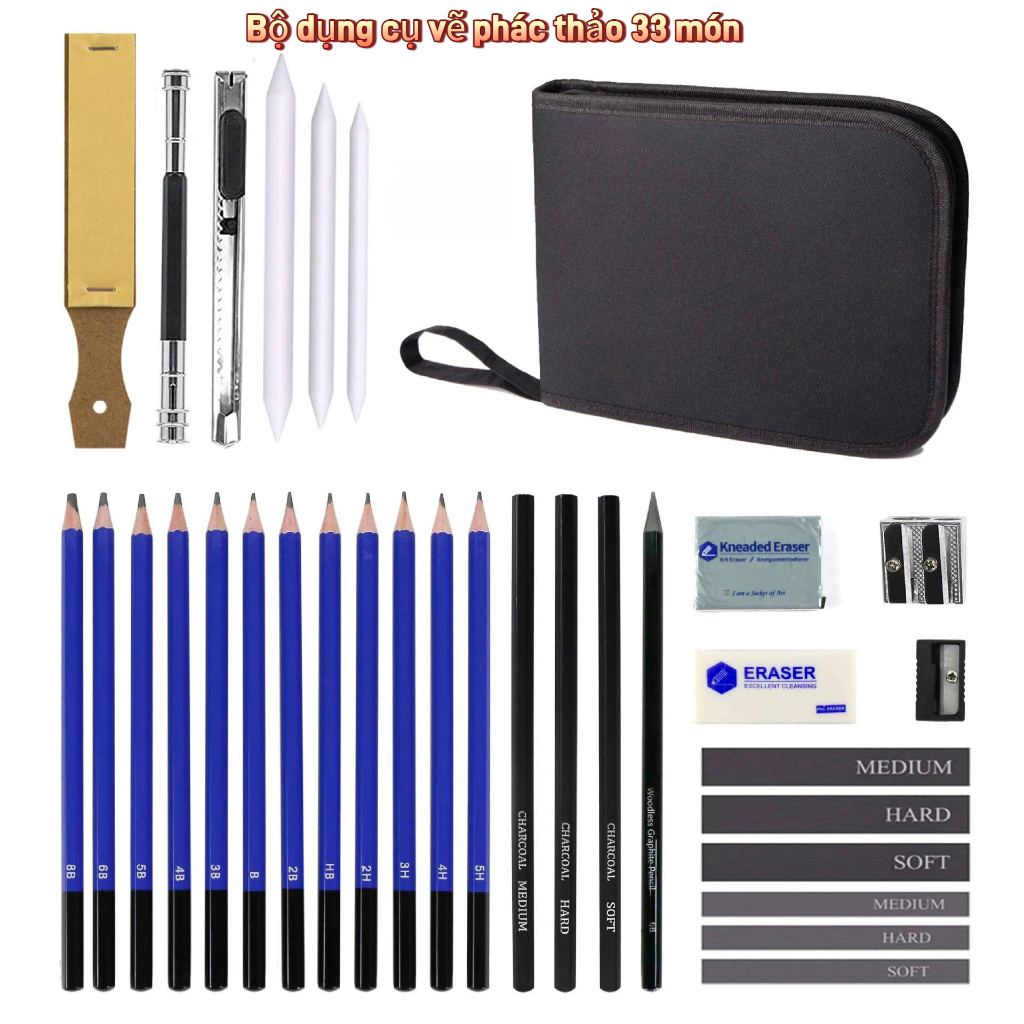 [Deli] Bộ Dụng Cụ Vẽ Sketch 27/33/57 Món – Đầy Đủ Bút Chì, Than, Tẩy, Bút Tán, Túi Cuộn Tiện Lợi