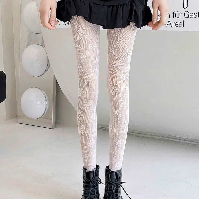 Tất quần nữ họa tiết nơ Coquette dệt nổi xinh xắn, co giãn đẹp,không xù,  không bí,phối boots tôn chân đen trắng