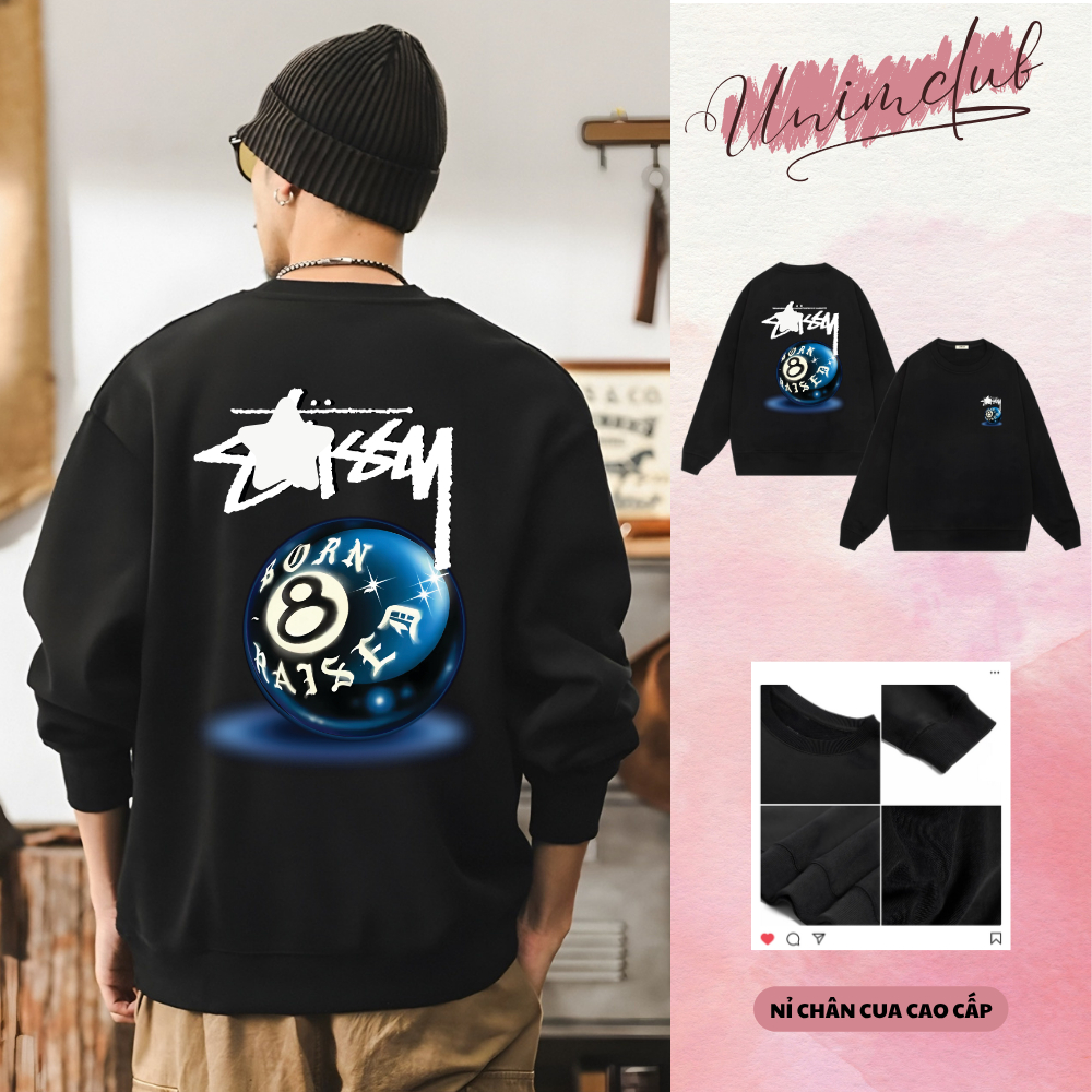 Áo Sweater Stu.ssy Billard Xanh Số 8 Chất Liệu nỉ Chân Cua Xuất Khẩu Cao Cấp Không