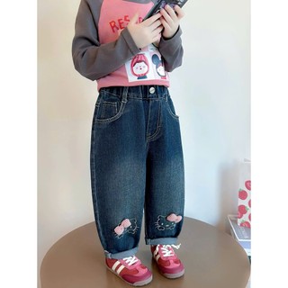 Quần Jean Cho Bé Gái Kiểu Dáng Dễ Thương – Thêu Mèo Đính Nơ, Size 15–36kg