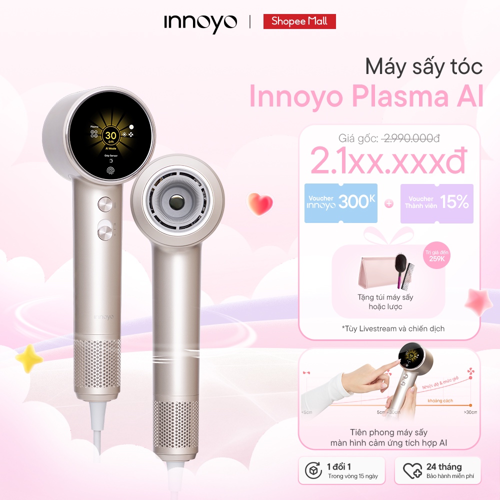 Máy sấy tóc ion kép Innoyo Plasma AI - Màn hình cảm ứng, tích hợp AI, 7 chế độ sấy - Bảo hành 24 tháng - Tặng đầu sấy