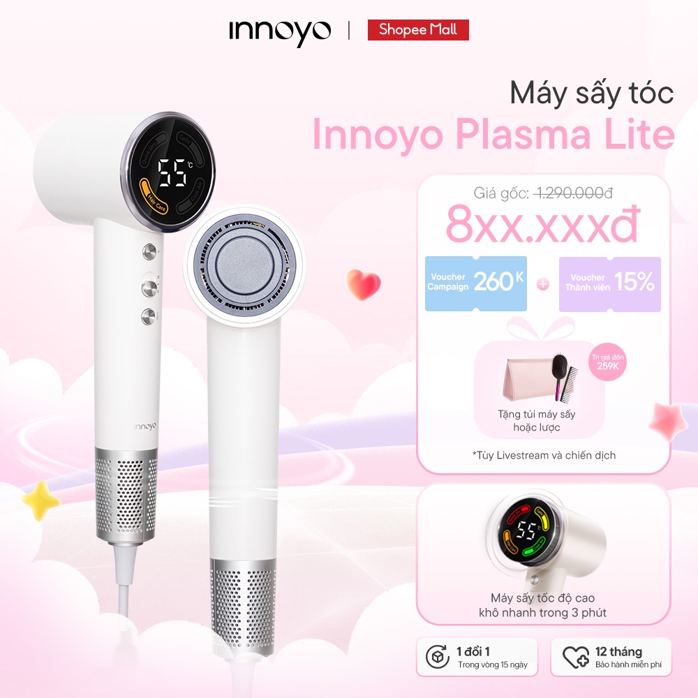 Máy sấy tóc Innoyo Plasma Lite - 200 triệu ion kép, màn hình kỹ thuật số - Bảo hành 12 tháng - Tặng đầu sấy