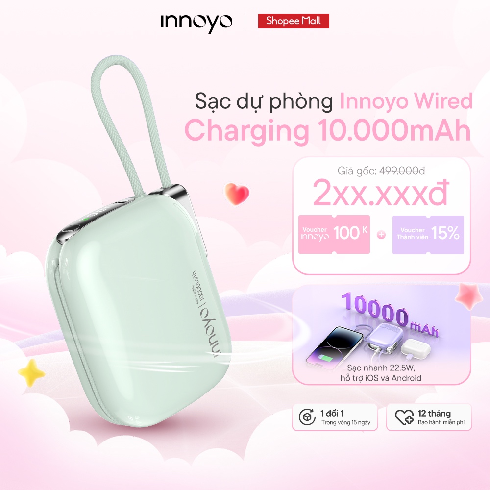 Sạc dự phòng có dây INNOYO Nhẹ 170gr 3 trong 1 22.5W 10000 mAh Đa Thiết bị | Bảo Hành 12 Tháng