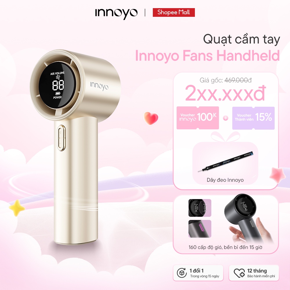 Quạt cầm tay Innoyo Handheld - 160 cấp độ gió, sử dụng đến 15 giờ - Bảo hành 12 tháng - Tặng dây đeo
