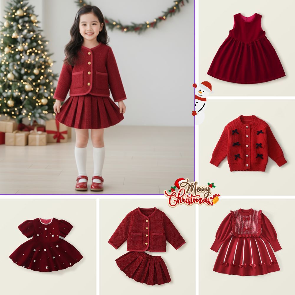 BST Váy Đỏ Tết Cho Bé Gái Hania Kids, Váy Noel Tone Đỏ Xinh Xắn Đáng Yêu Chất Liệu Ấm Áp Mùa Đông