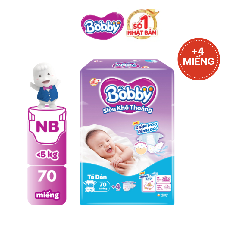 Tã dán sơ sinh Bobby NB70/S54/M46 mới- Lõi nén cotton-soft 3mm