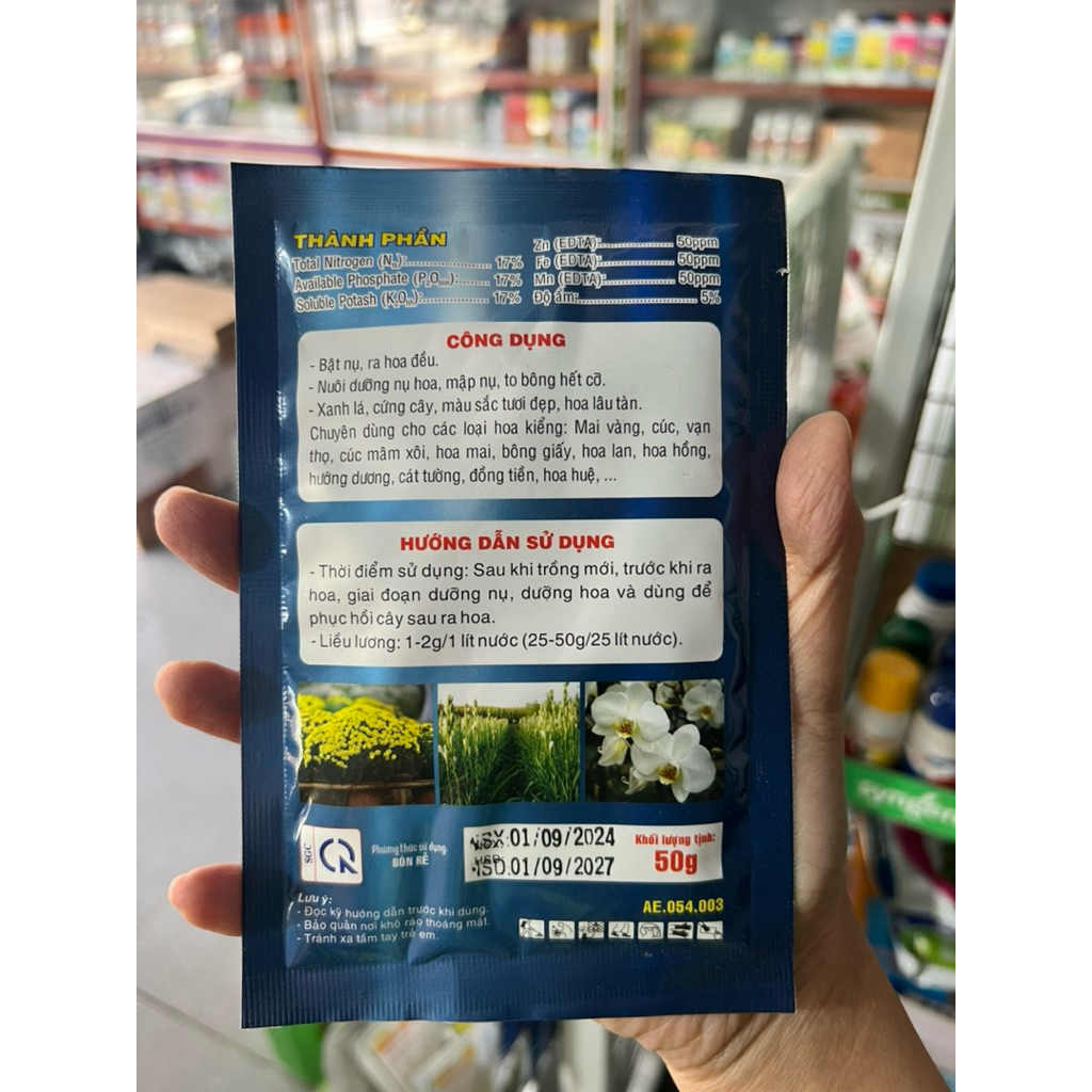 Siêu dưỡng bông 17-17-17 + TE mập thân, mập ngọn, xanh dày lá, lớn bông gói 50g