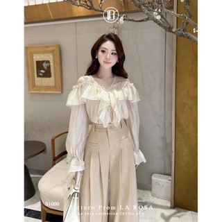 Set Đồ Công Sở Sang Trọng, Thanh Lịch LA ROSA Áo Sơ Mi Cổ V Bèo Dài Tay Phối Quần Xếp Ly Ống Rộng Tôn Dáng S1000
