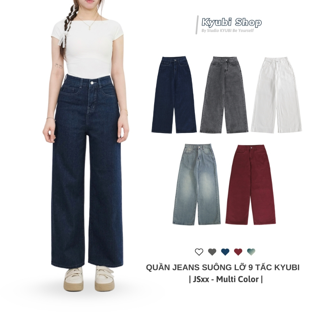 Quần jeans ống rộng 9 tấc cao dáng cho Nấm Lùn chất liệu màu dark blue (có bigsize) - quần bò dài cạp cao Kyubi JS31