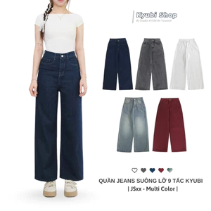 Quần jeans ống rộng 9 tấc cao dáng cho Nấm Lùn chất liệu màu dark blue (có bigsize) - quần bò dài cạp cao Kyubi JS31