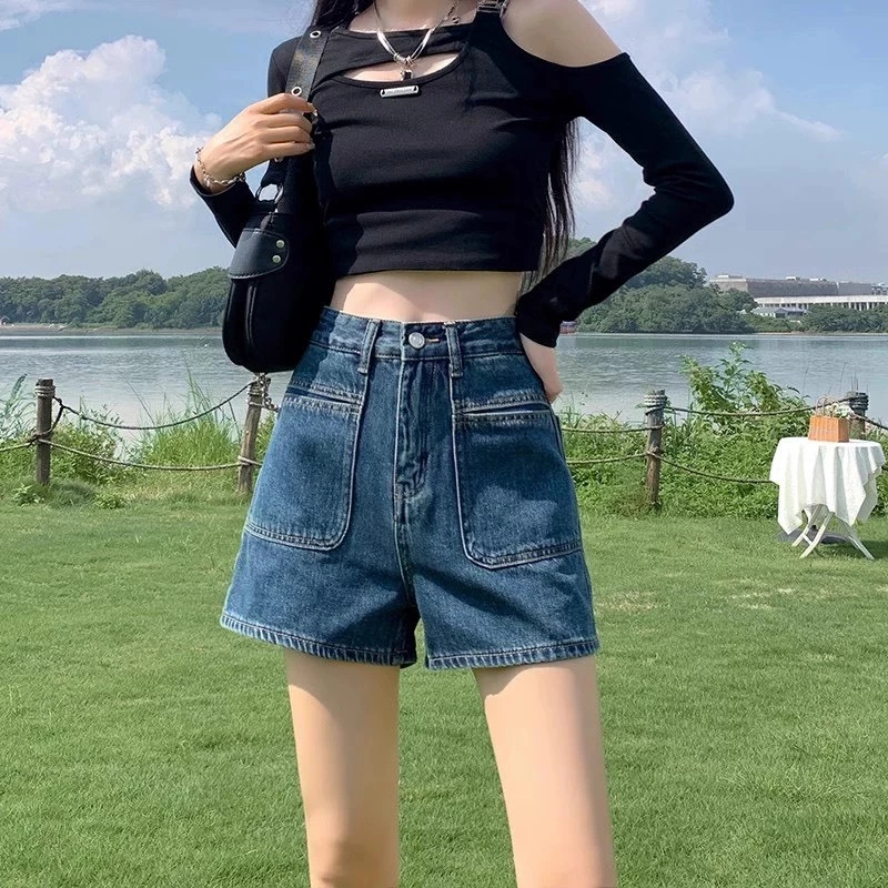 [Peinn] Quần short jean nữ ống rộng, quần đùi jean nữ bò ngăn cạp cao phối túi trước Hàn Quốc mini