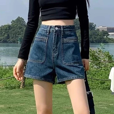 [Peinn] Quần short jean nữ ống rộng, quần đùi jean nữ bò ngăn cạp cao phối túi trước Hàn Quốc mini