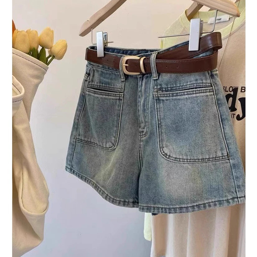 [Peinn] Quần short jean nữ ống rộng, quần đùi jean nữ bò ngăn cạp cao phối túi trước Hàn Quốc mini