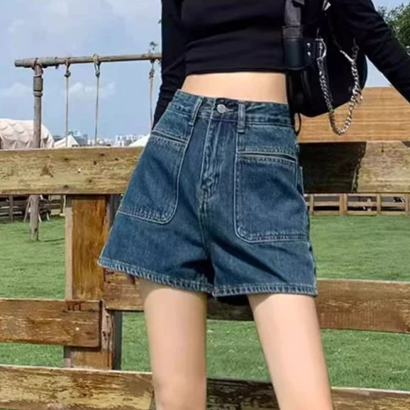 [Peinn] Quần short jean nữ ống rộng, quần đùi jean nữ bò ngăn cạp cao phối túi trước Hàn Quốc mini