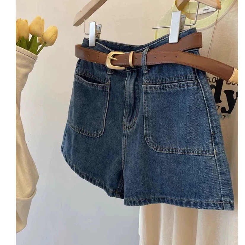 [Peinn] Quần short jean nữ ống rộng, quần đùi jean nữ bò ngăn cạp cao phối túi trước Hàn Quốc mini