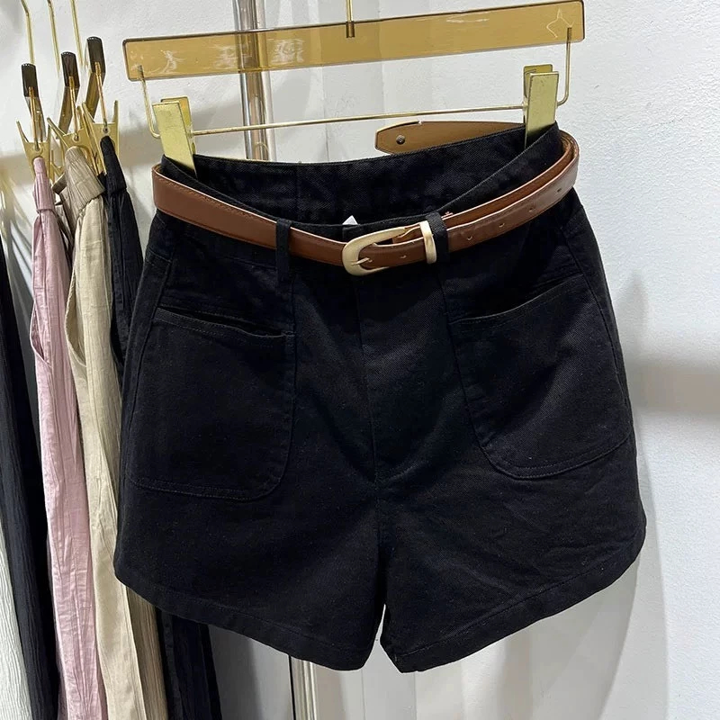 [Peinn] Quần short jean nữ ống rộng, quần đùi jean nữ bò ngăn cạp cao phối túi trước Hàn Quốc mini