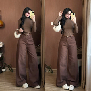 Quần jeans NÂU ỐNG LOE form rộng dài chùm phủ chân