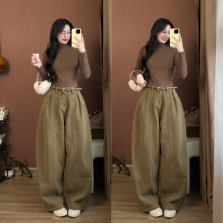 Quần Jeans Nâu Ống Cong Dang Rộng Phối Line Quần Jean Curved Leg Brown Line Tôn Dáng Siêu Đẹp Cho Nữ