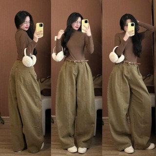 Quần Jeans Nâu Ống Cong Dang Rộng Phối Line Quần Jean Curved Leg Brown Line Tôn Dáng Siêu Đẹp Cho Nữ