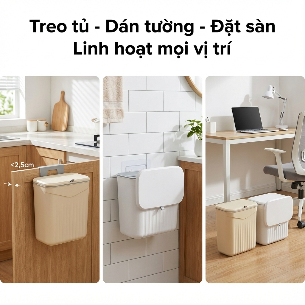 Thùng rác treo tường nhà bếp có nắp ngăn mùi, Thùng đựng rác đa năng dán tường văn phòng nhà vệ sinh